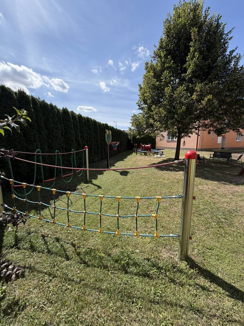 Lanová prolézačka se sítí podél živého plotu